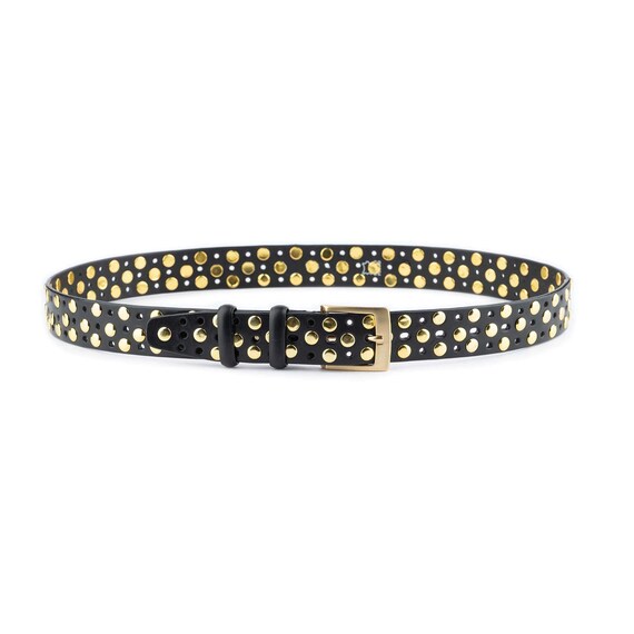 Gilded black leather vintage gold toned riveted Belt Size M Handmade 1-3/4 main image 2