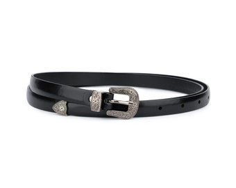 Western belt silver buckle 0.6 inch Black leather belt Womens western belt Women's dress belts Black thin belt 1.5 cm