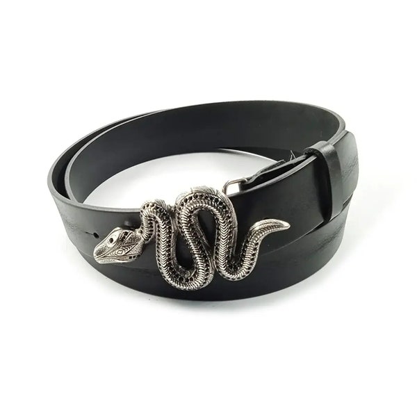 Gents Belt For Jeans Black Real Leather Viper Snake Buckle Wide Thick Mens Belt For Trousers With Silver Buckle 4.0 Cm
