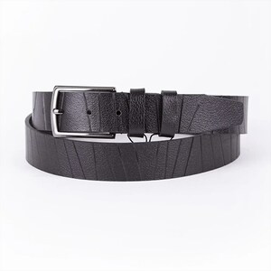 Black Mens Belt For Suit Line Textured Calfskin With Silver Buckle Genuine Leather Dress Belt 35 Mm
