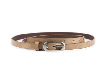 Light Brown Womens Skinny Belt With Oval Buckle 1.5 Cm Women's Thin Leather Belt Skinny Womens Belt