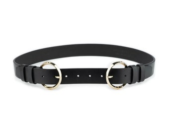 Gold Circles Double Buckle Belt Black Leather Thick Genuine Leather Ladies Belt For Dress 40 Mm