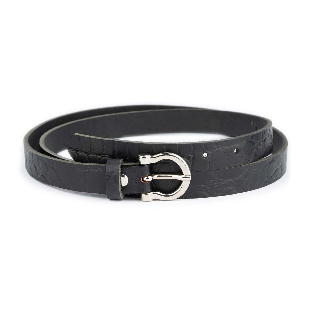 Black Ladies Croco Embossed Leather Belt With Silver Horse  display picture 1