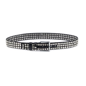 May include: A black leather belt with a silver metal buckle and rows of silver studs.