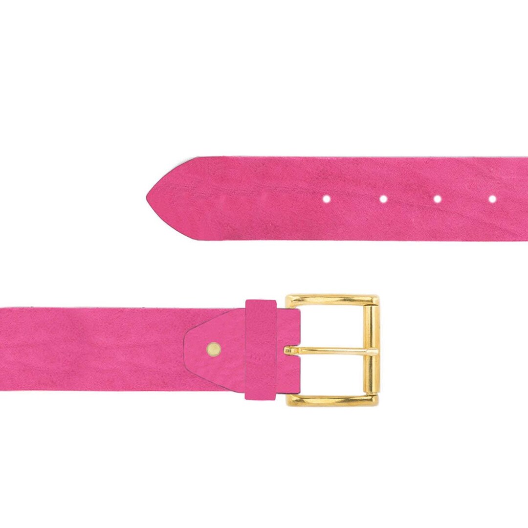 Pink Wide Leather Belt Gold Buckle Brass Roller Thick Mens  display picture 2