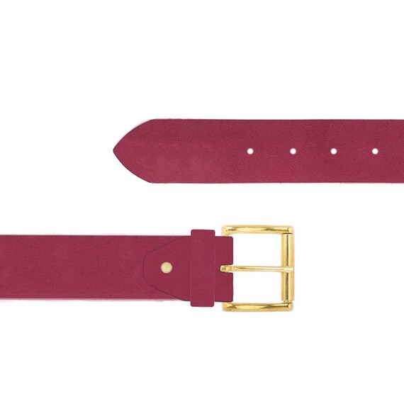 Burgundy Wide Leather Belt Gold Buckle Brass Roller Thick  display picture 1