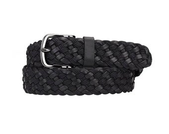 Luxury Black Mens Braided Belt Genuine Leather Gents Belt With Silver Buckle For Jeans 3.5 Cm