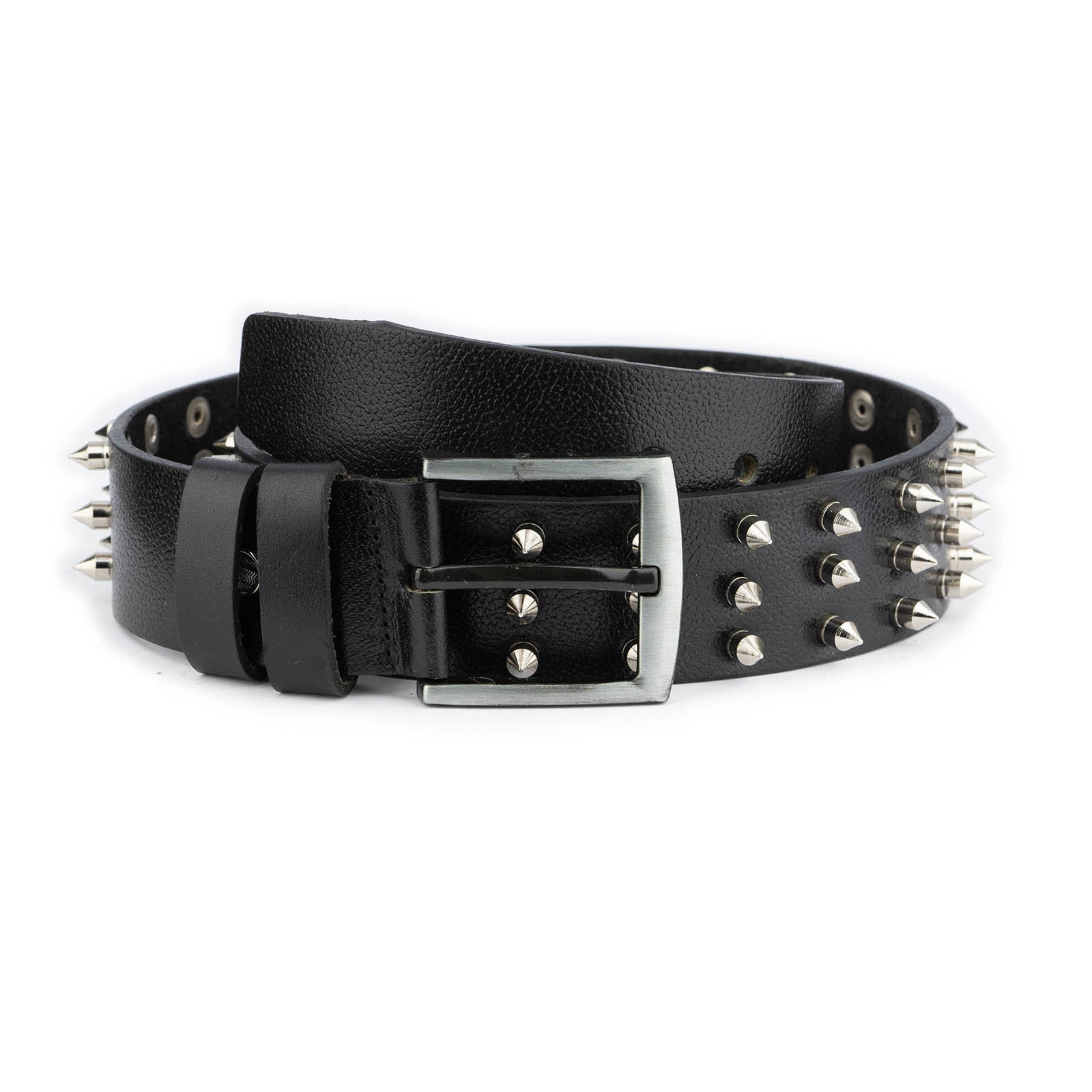 3 Row Spike Belt Black Genuine Leather Thick Silver Studded Mens