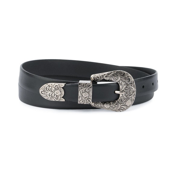 mens black leather belt with silver buckle