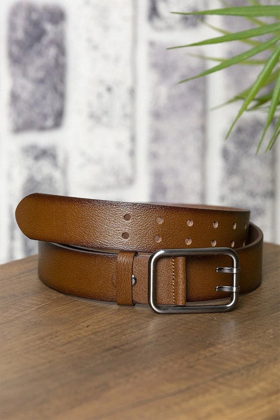Men's Casual Full Grain Leather Belt – 1-1/2 Inch Wide Brown Leather With Interchangeable Brass Buckle (Size 34)