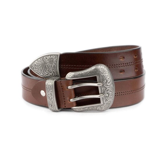 Dark Brown Leather Belt with Silver Buckle Size L Double Prong Silver  Waist Brown Double Leather Belt – SaberForge main image 4