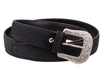 Western Belts for Men Cowboy Belt Cowgirl belts Heavy brass buckle Black suede Mens Italian leather