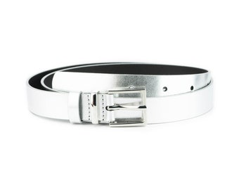 Womens Leather Silver Belt 1 Inch Belt For Dress With Silver Buckle Fashion Ladies Thin Belt 25 Mm