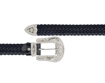 Womens Western White Crystal Buckle Belt Black Braided Leather Cowgirl Genuine Leather Belt