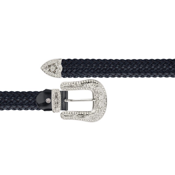 Womens Western White Crystal Buckle Belt Black Braided  display picture 2