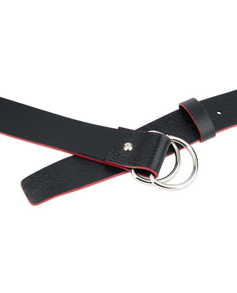 Double D Ring Belt Black Red Leather D Ring Belt Double Loop belt Tying Belt Mens D Ring Belt Double Circle Belt D Ring Belts
