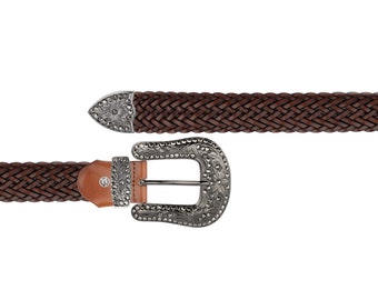 Ceinture western tressée brune pour femme avec boucle en cristal noir Ceintures en cuir véritable