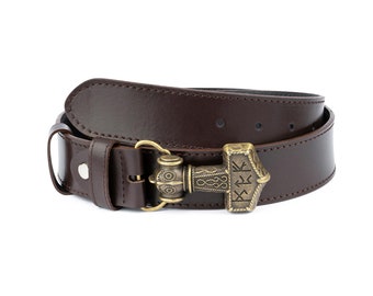 Viking Belt - Viking Leather Belt - Thor's Belt - Mjolnir Belt - Mens Brown Belt - Viking Buckle - Norse Belt - Bronze Buckle Belt
