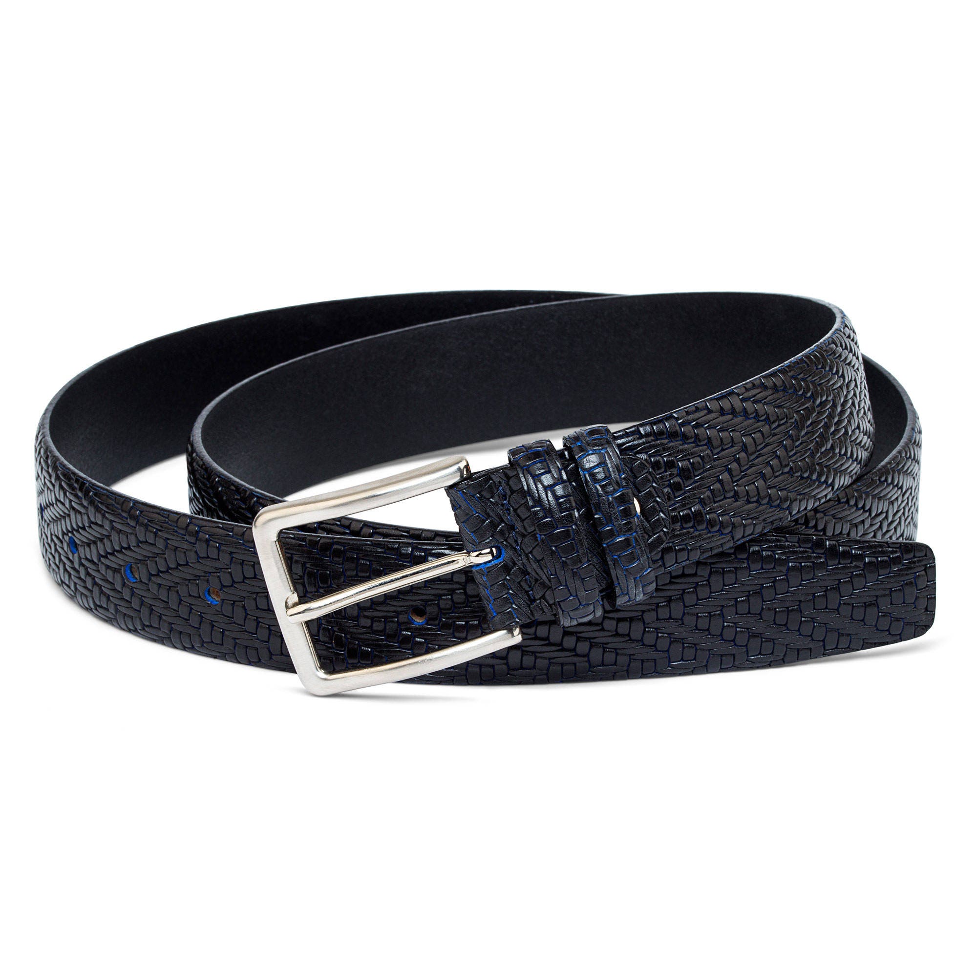 Blue Deep Artisan Black Leather Wrap Belt Metallic Buckle Made In Italy Fits 37” Black Leather Belt with Satin Buckle and Metal Tip | BRUCLE  main image 2