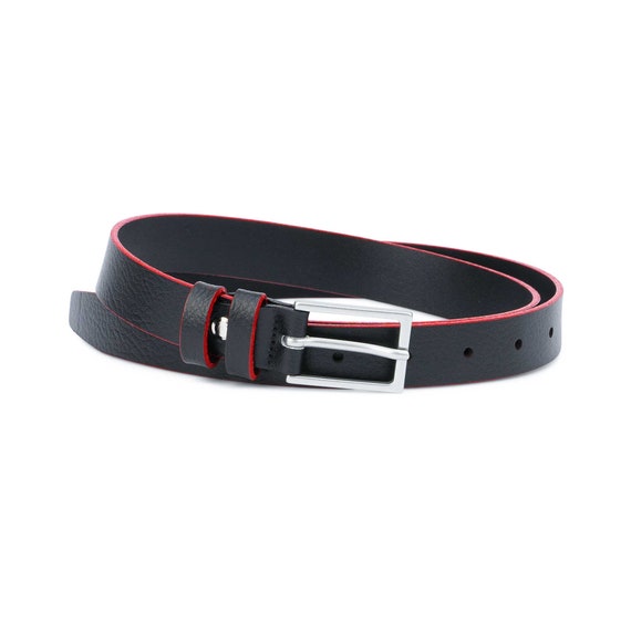 Mens Belt Leather Dress Belt Mens Thin Belt Womens Black Leather Belt for Men Red Edges Leather Belt with Buckle Italian Leather Belt