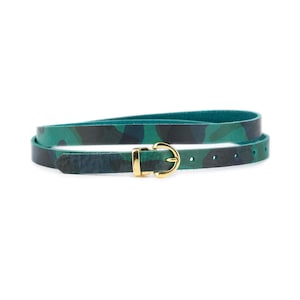 Green Camo Leather Belt With Gold Rouned Buckle Womens Genuine Leather Dress Belt 20 Mm Width