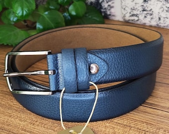 Ceinture en cuir bleu marine pour hommes, pour pantalons, robe, ceinture en cuir véritable pour jeans avec boucle argentée de 3.5 Cm