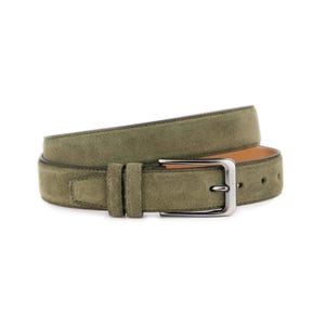 Olive Green Suede Belt Genuine Leather Stitched Mens Jeans Belt With Silver Buckle 3.5 Cm Wide
