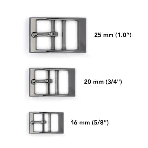 May include: Three silver-toned metal belt buckles in different sizes: 1 inch, 3/4 inch, and 5/8 inch.  25 mm (1.0"), 20 mm (3/4"), 16 mm (5/8").