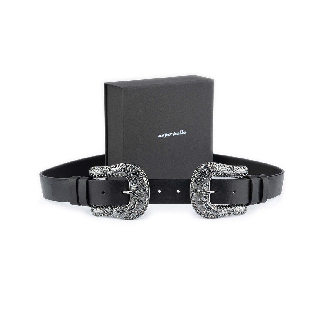 Womens Western Belt Double Buckle Black Rhinestones Genuine  display picture 3