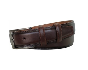 Dressing Belts For Men Brown Leather Stitched Gents Genuine Leather Belt With Silver Buckle 3.5 Cm