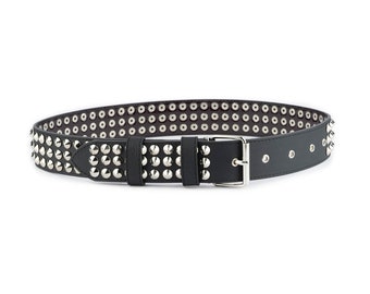 Spiked Belt 3 Row Studs Quality Vegan Leather Mens Studded Belt For Jeans With Silver Buckle 4.5 Cm