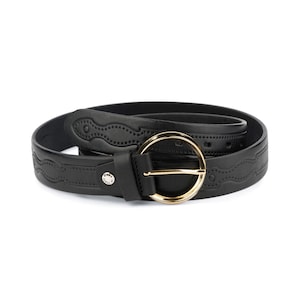 Womens Black Belt With Gold Buckle - Golden Buckle Belt - Tooled Leather Belt With Round Buckle - Embossed Leather Belt - Women&#39;s Jeans Belt