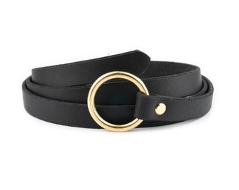 Tie Belt With Gold O Ring Buckle Black Full Grain Leather  display picture 2