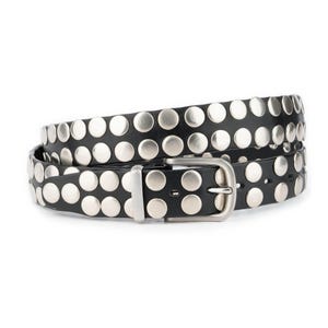 May include: A black leather belt with silver round studs. The belt has a silver buckle.