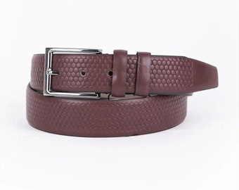 Burgundy Mens Vegan Leather Belt Dress Leather Belt Silver Buckle Classic Suit Belt 3.5 cm