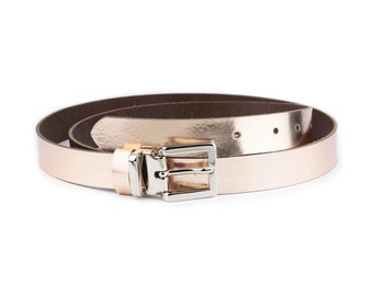 Rose Gold Metallic Leather Belt With Silver Buckle Women Belt For Dress Fashion Ladies Thin Belt 25 Mm