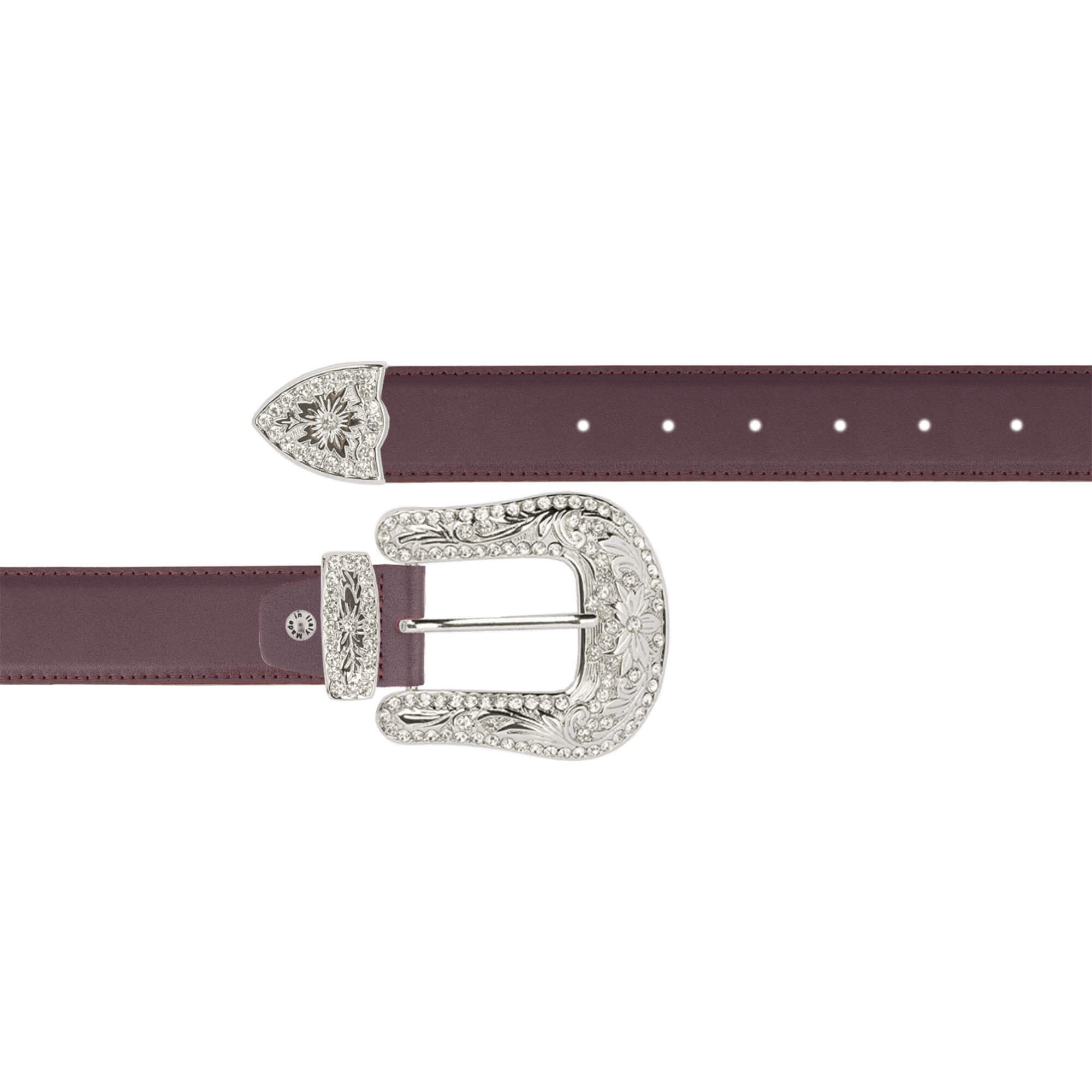 Women Burgundy Leather Western Belt With Rhinestone Buckle  display picture 1
