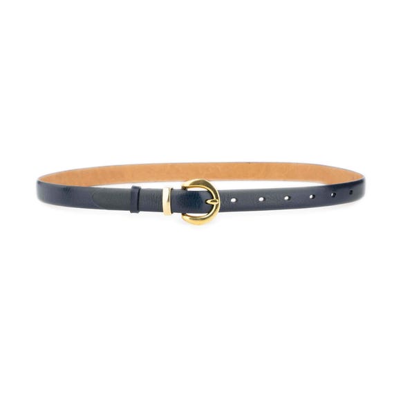 Womens Navy Blue Belt With Round Gold Brass Buckle Genuine Leather