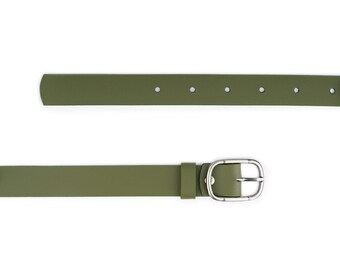 Womens Khaki Green Belt With Silver Buckle Genuine Leather Ladies