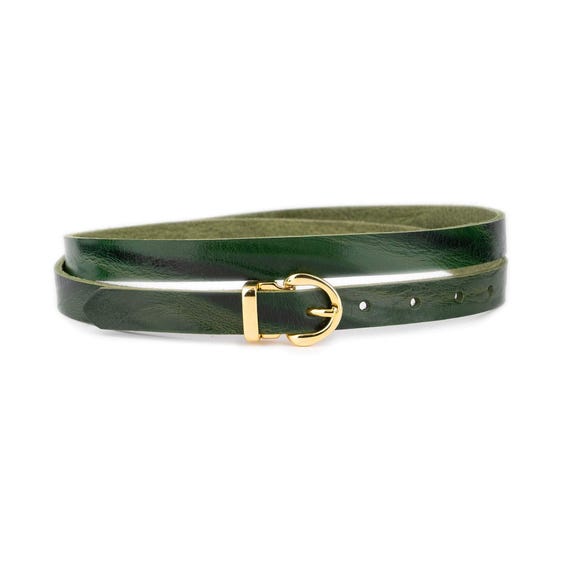 Forest Green Thin Designer Belt Gold Buckle Real Leather  display picture 1