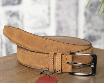 タンスエードメンズゴルフベルト、メンズカジュアルベルト、本革紳士用ベルト、ズボン用、シルバーバックル付き、3.5cm