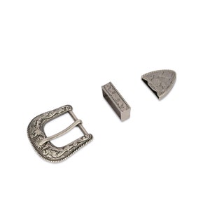 22mm Vintage Silver Flower Engraved Cowboy Western 3 Piece Belt Pin