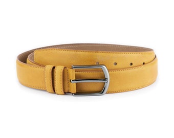 Mustard Yellow Leather Belt High Quality Stitched Genuine Leather Silver Buckle Belt For Dress 35 Mm