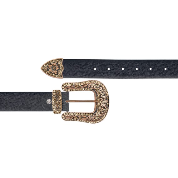 Womens Black Designer Western Belts With Brown Copper Buckle  display picture 2