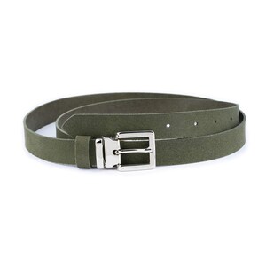 Olive Green Suede Leather Belt With Square Silver Buckle  display picture 1