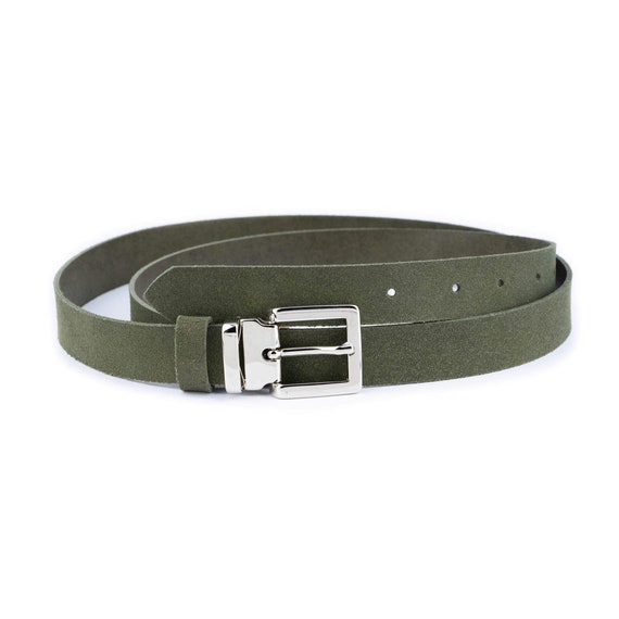 Olive Green Suede Leather Belt With Square Silver Buckle  display picture 2