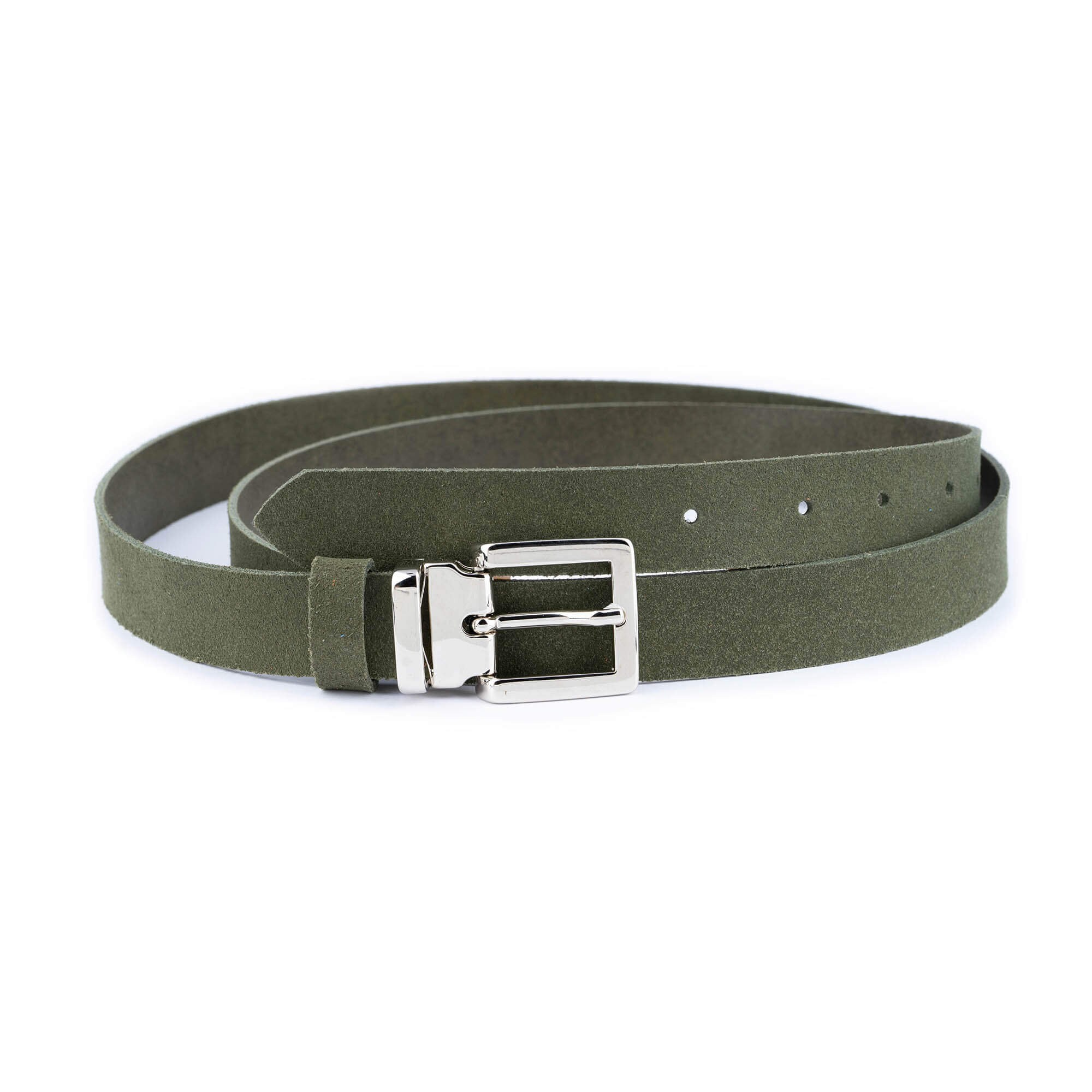 Olive Green Suede Leather Belt With Square Silver Buckle  display picture 1