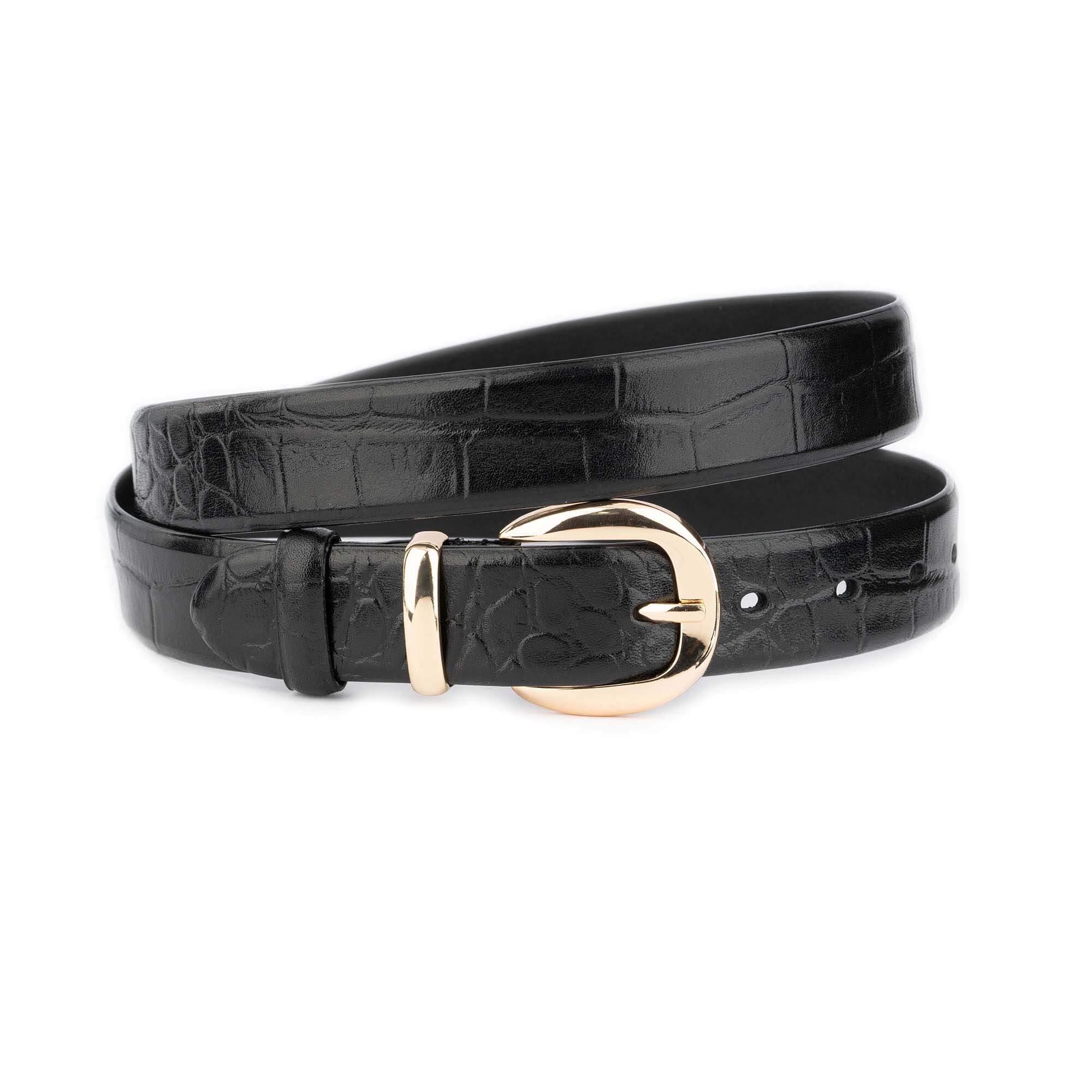 Black Crocodile Emboss Leather Belt for Ladies Gold Buckle  display picture 2
