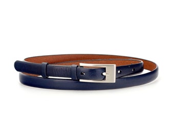 Skinny Womens Navy Blue Belt For Dress With Silver Buckle Leather Belt For Women Formal Dress Belt