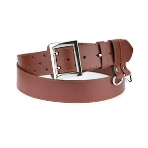 Mens Police Belt Duty Brown Genuine Leather Two Hole Belt For Jeans Double Prong Heavy Duty Silver Buckle Wide Belt 45 Mm